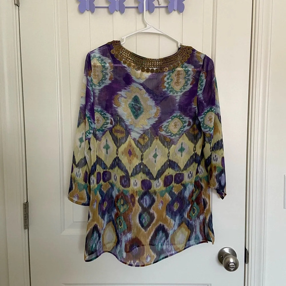 NWT | Chico’s Women’s sheer colorful patterned blouse decorated neckline — small - Picture 5 of 7